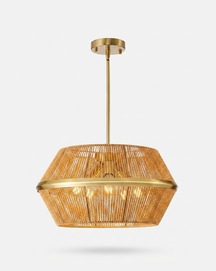Chandelier with wicker shade and gold frame on a white background