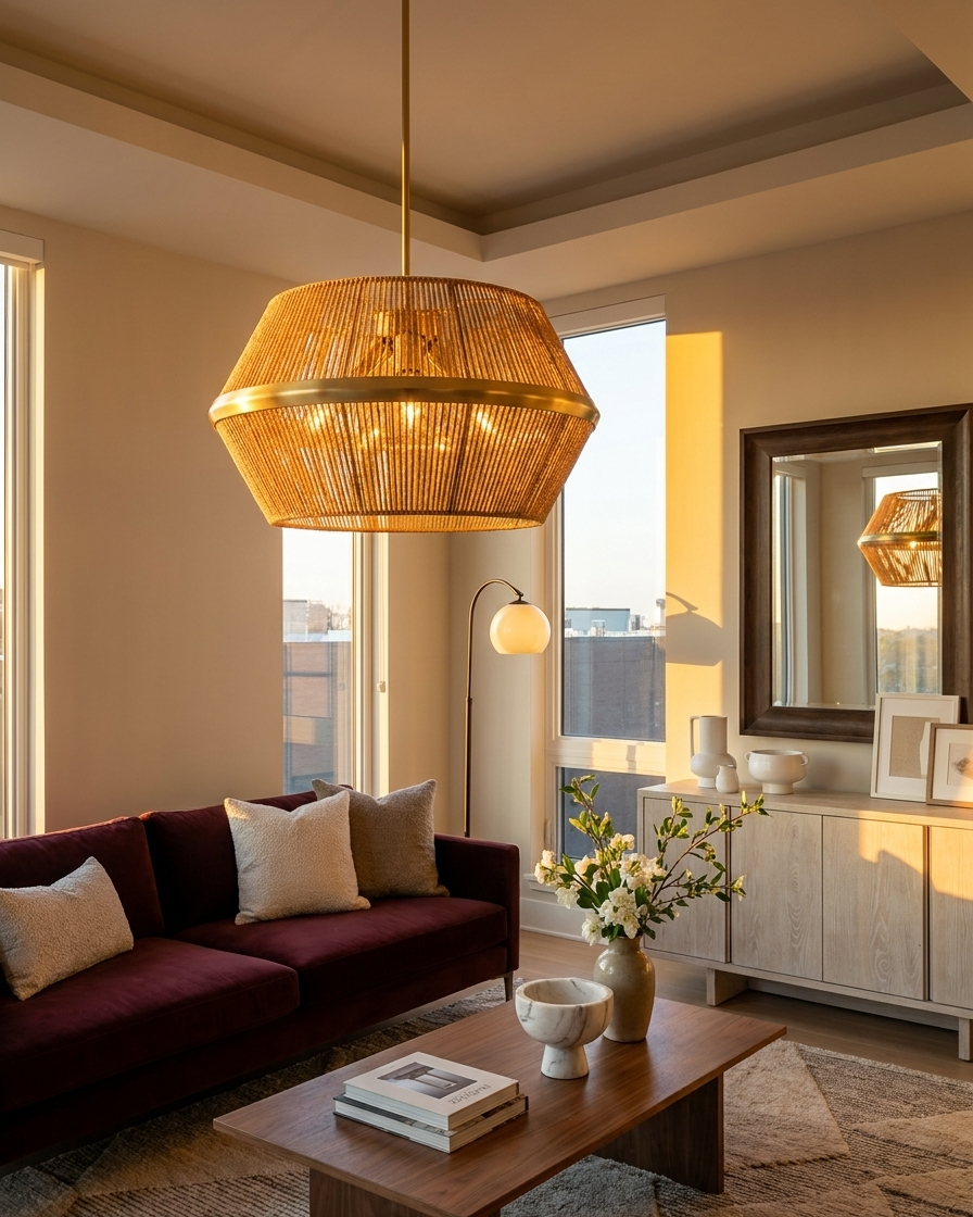 Living room with a gold pendant light, maroon sofa, and wooden coffee table.
