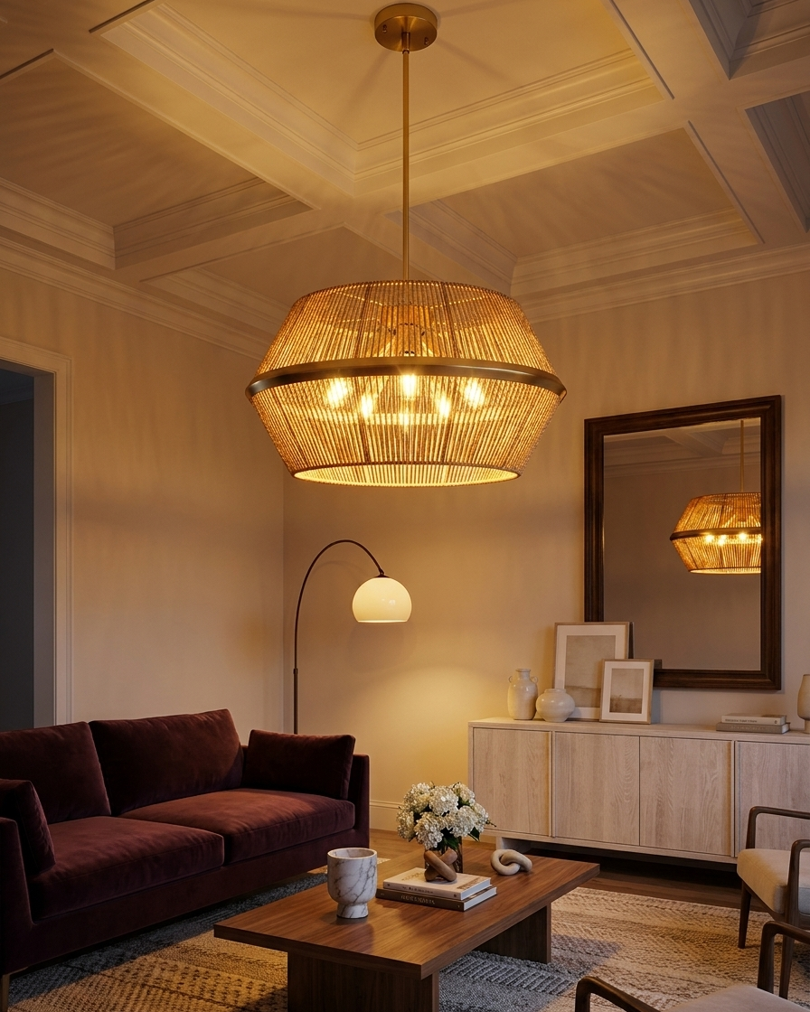 Living room with a woven pendant light, dark brown sofa, and wooden coffee table.