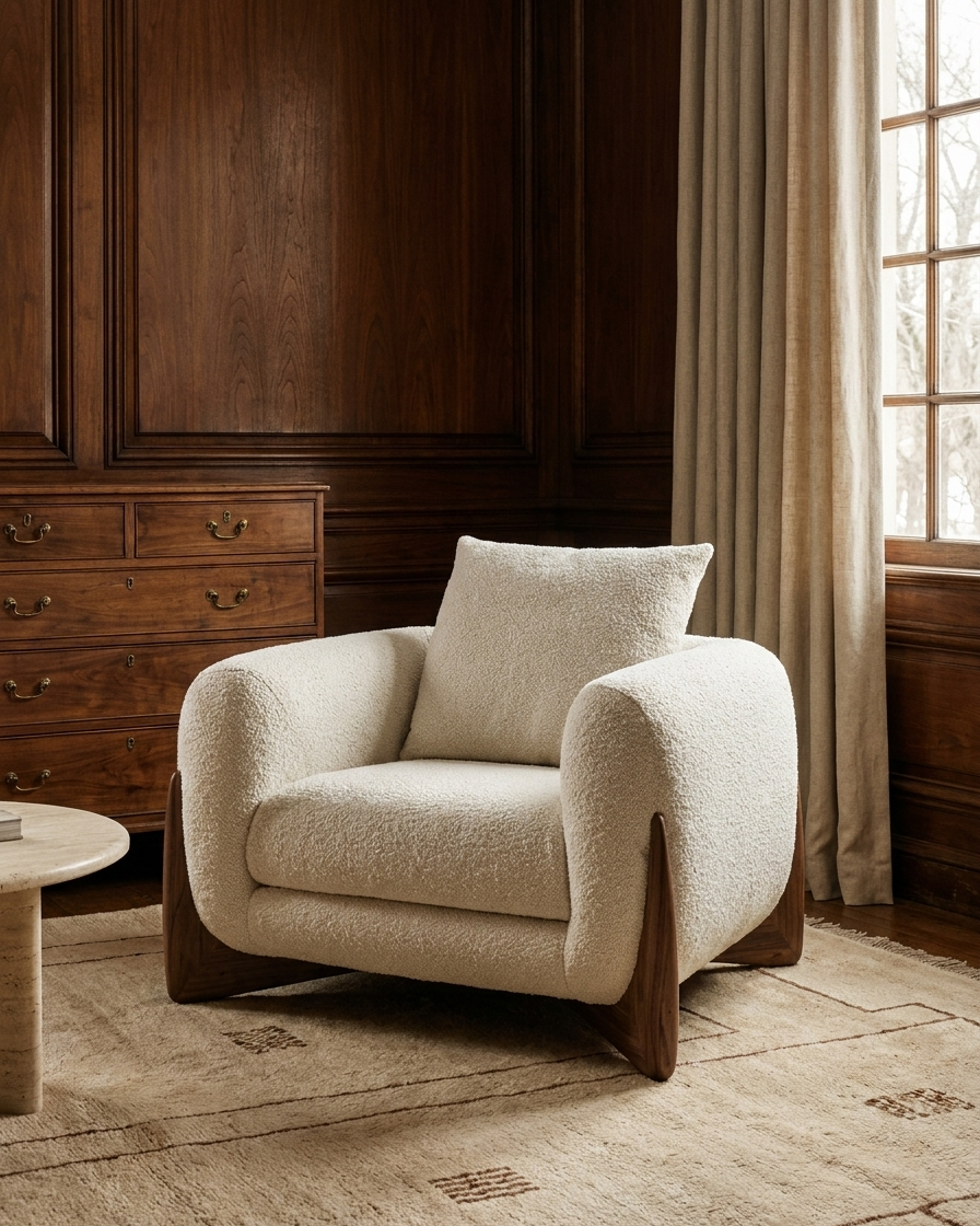 Beige armchair with a pillow in a room with wooden furniture and large windows.