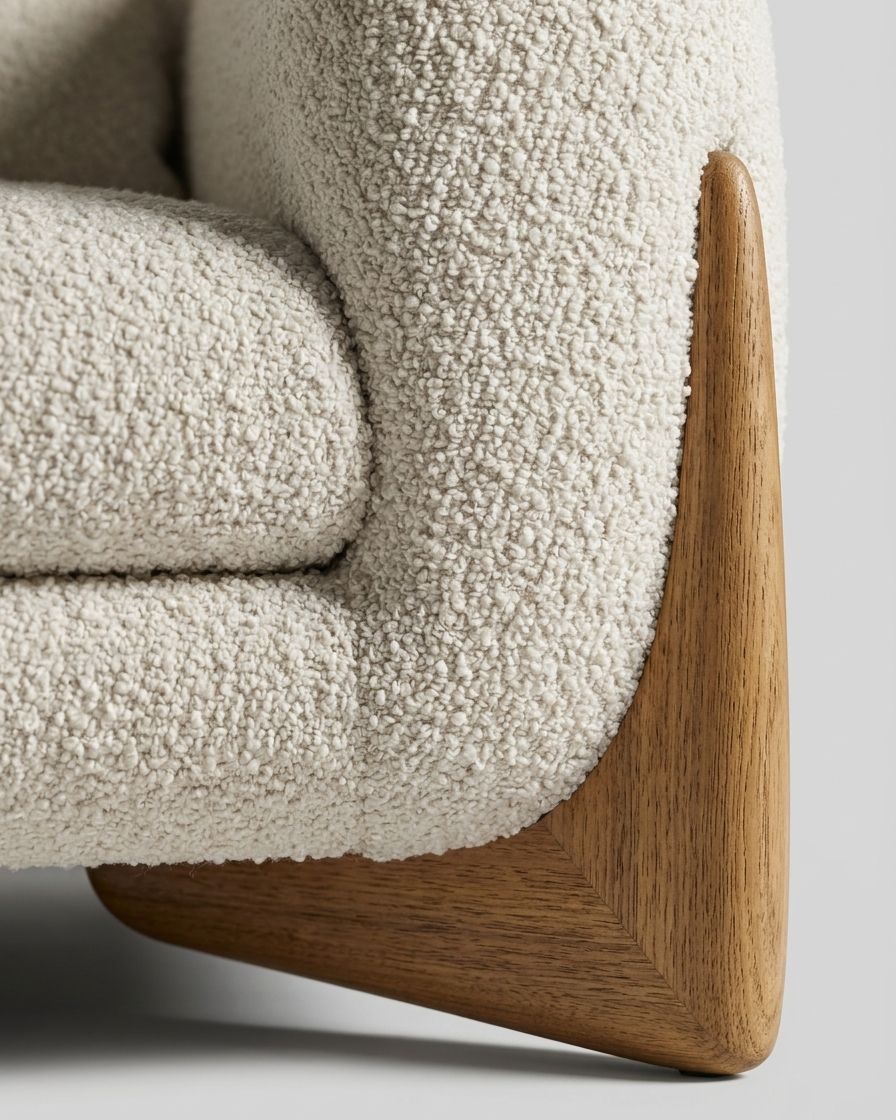 Close-up of a textured beige sofa with wooden armrests on a light gray background