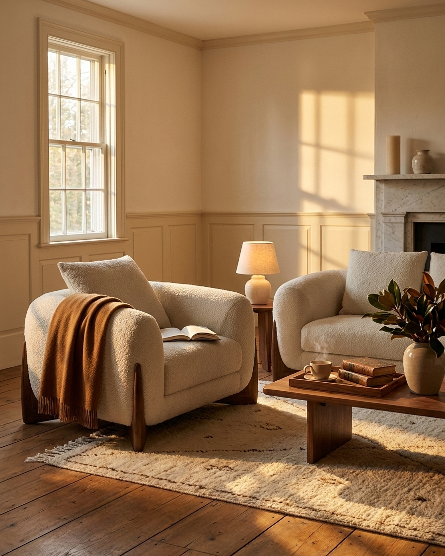 Cozy living room with beige armchairs, wooden coffee table, and lamp.