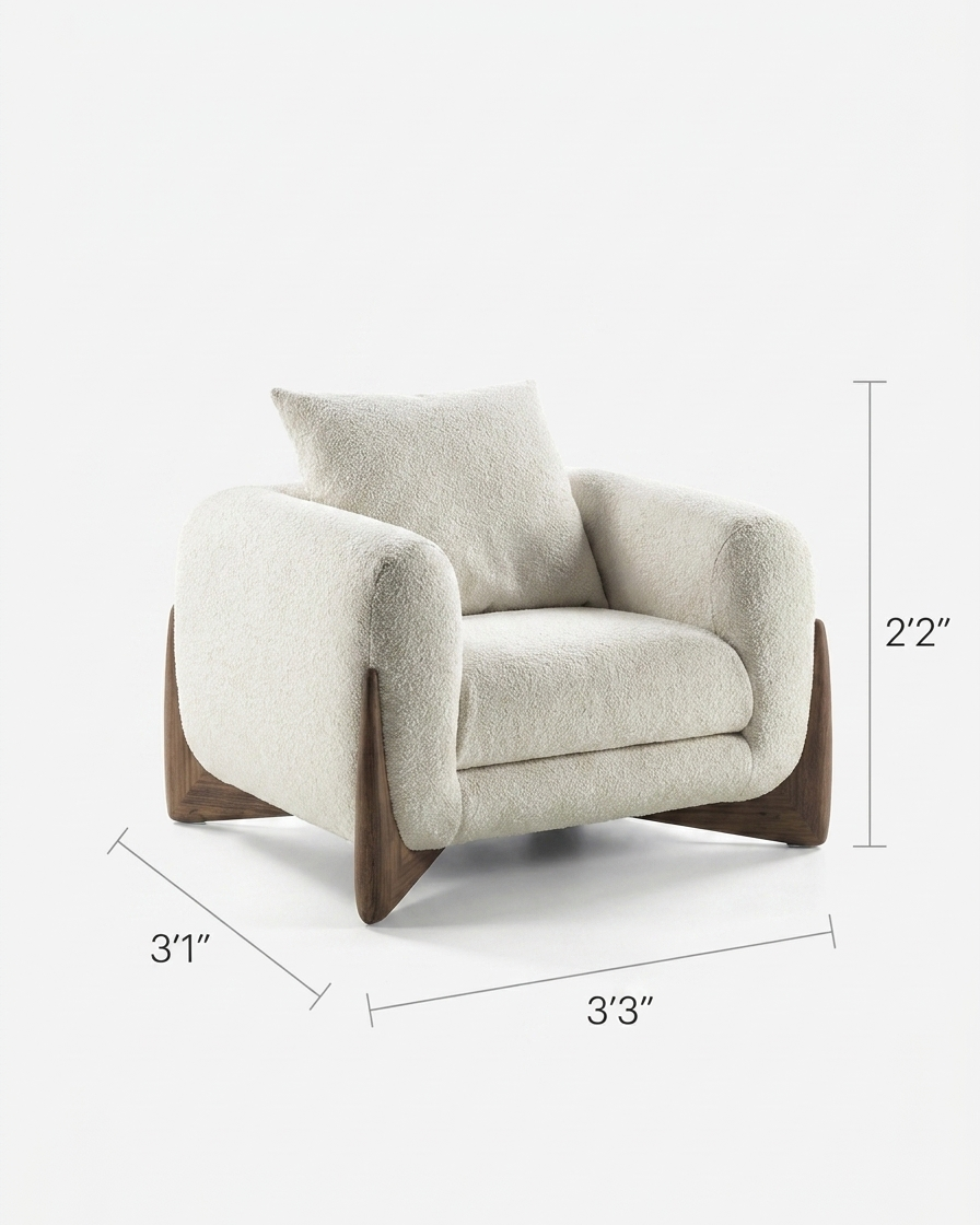 Gray armchair with dimensions labeled on a white background