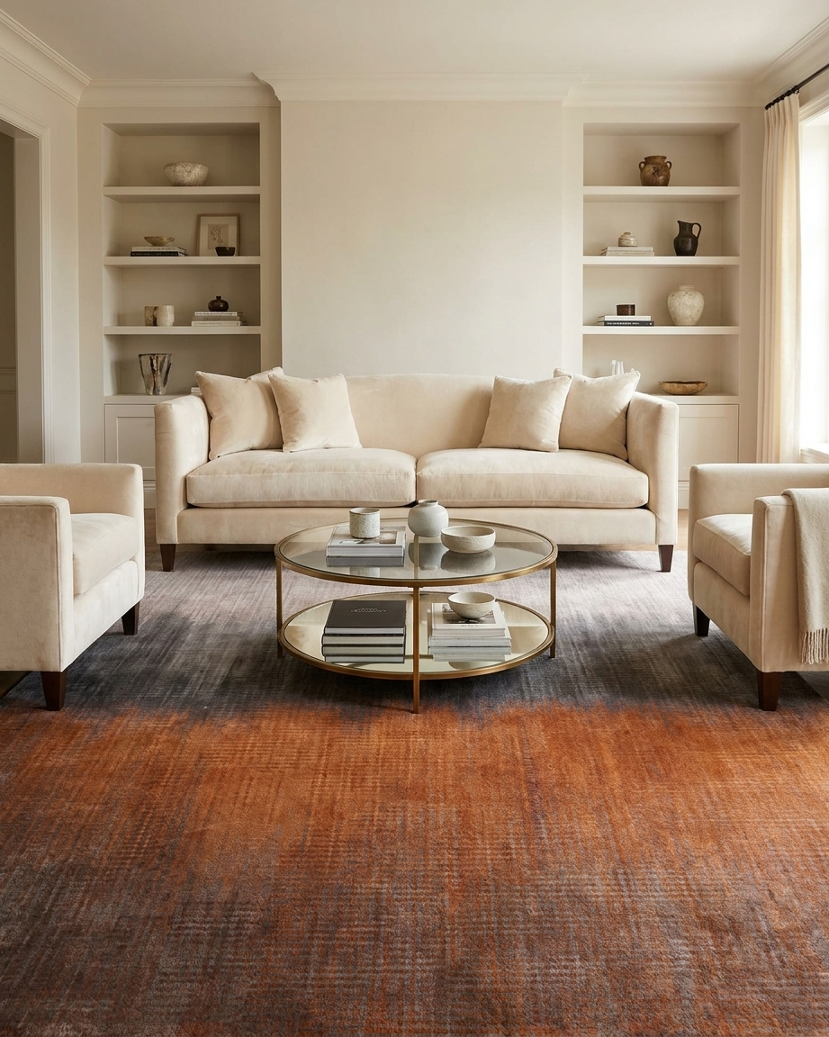 Living room with beige sofa, armchairs, and a round coffee table.
