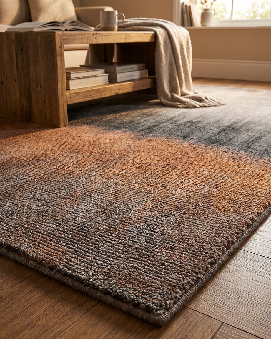 Gradient area rug on a wooden floor with a wooden side table and books in the background.