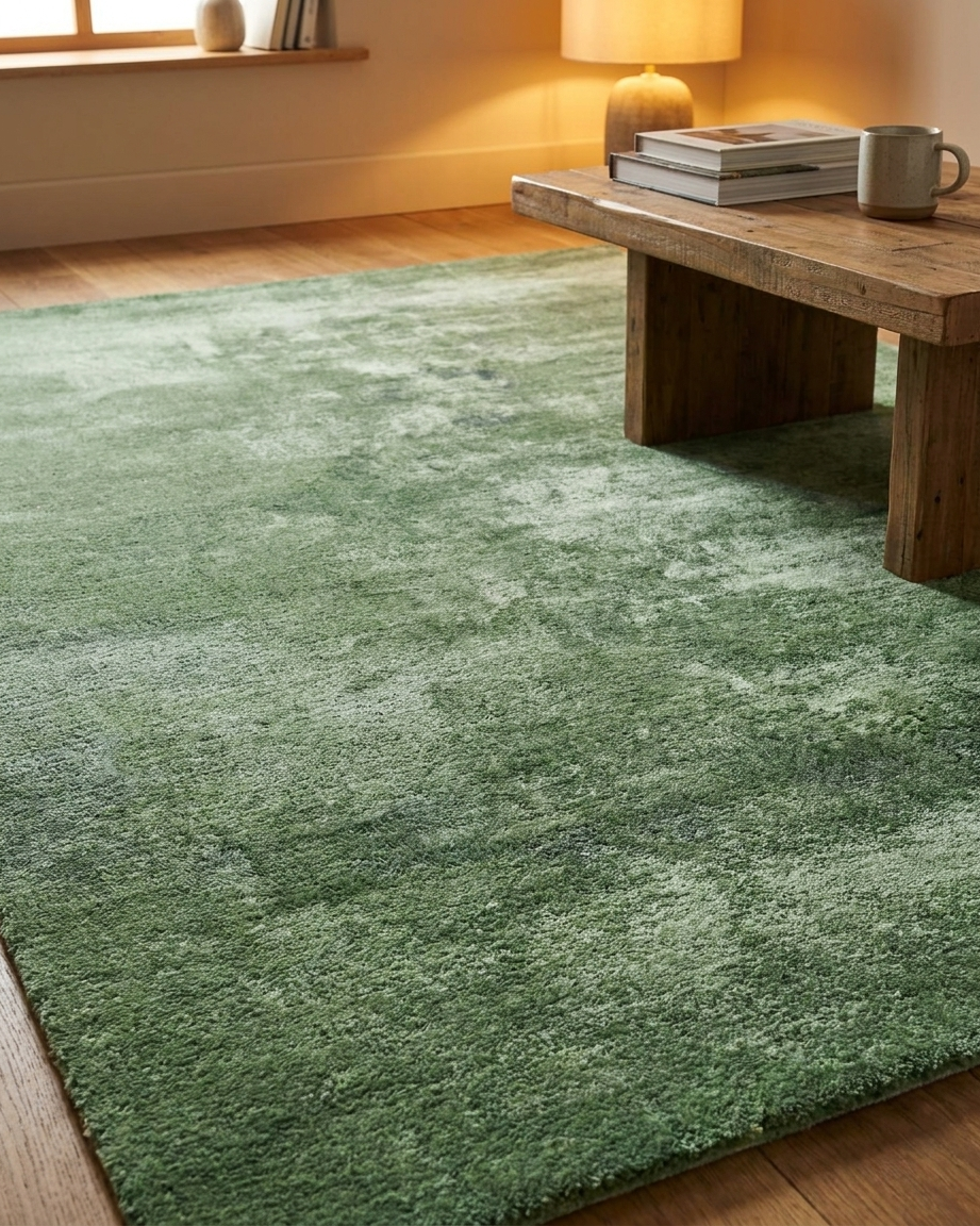 Green rug on a wooden floor with a wooden bench and lamp in the background.