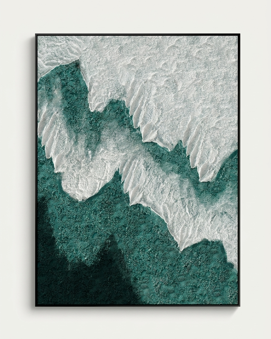 Havet Ocean Canvas, hand-painted oil artwork with textured white waves and matte black frame