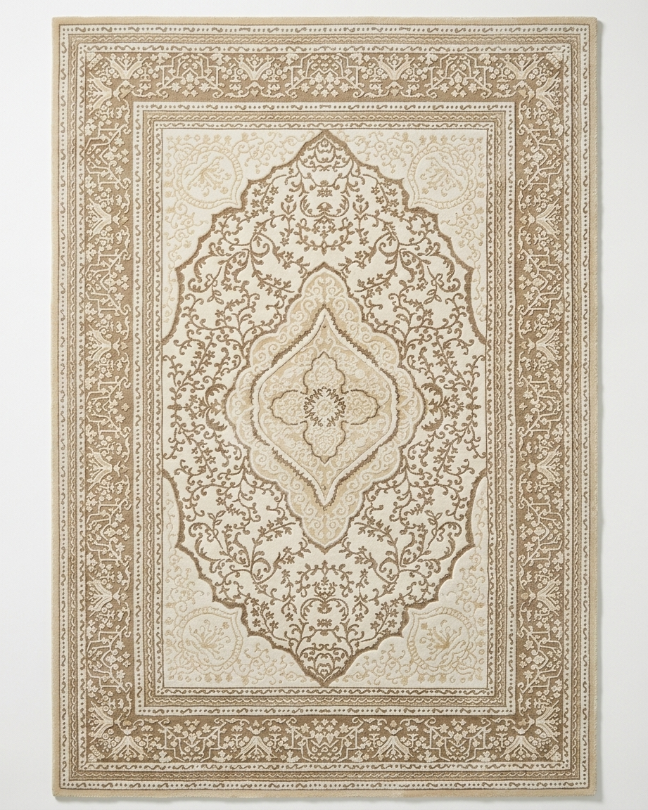 Decorative beige and brown area rug with intricate patterns on a white background