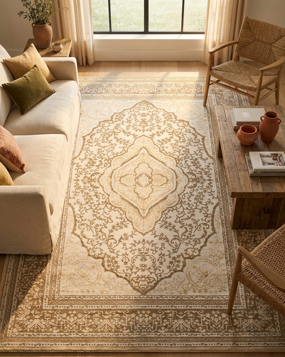 Living room with a patterned rug, sofa, and chairs.