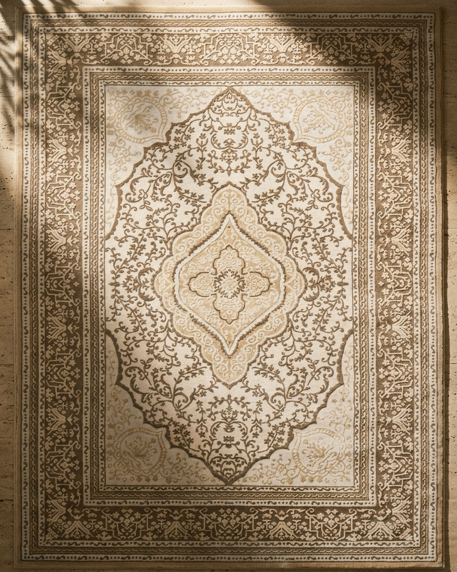 Decorative beige rug with intricate patterns on a wooden floor.