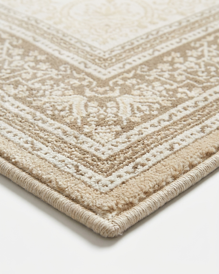 Close-up of a beige and white patterned rug on a light background