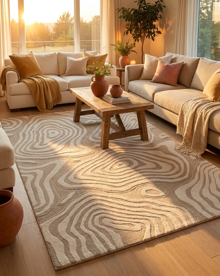 Cozy living room with beige sofas, a wooden coffee table, and decorative elements.