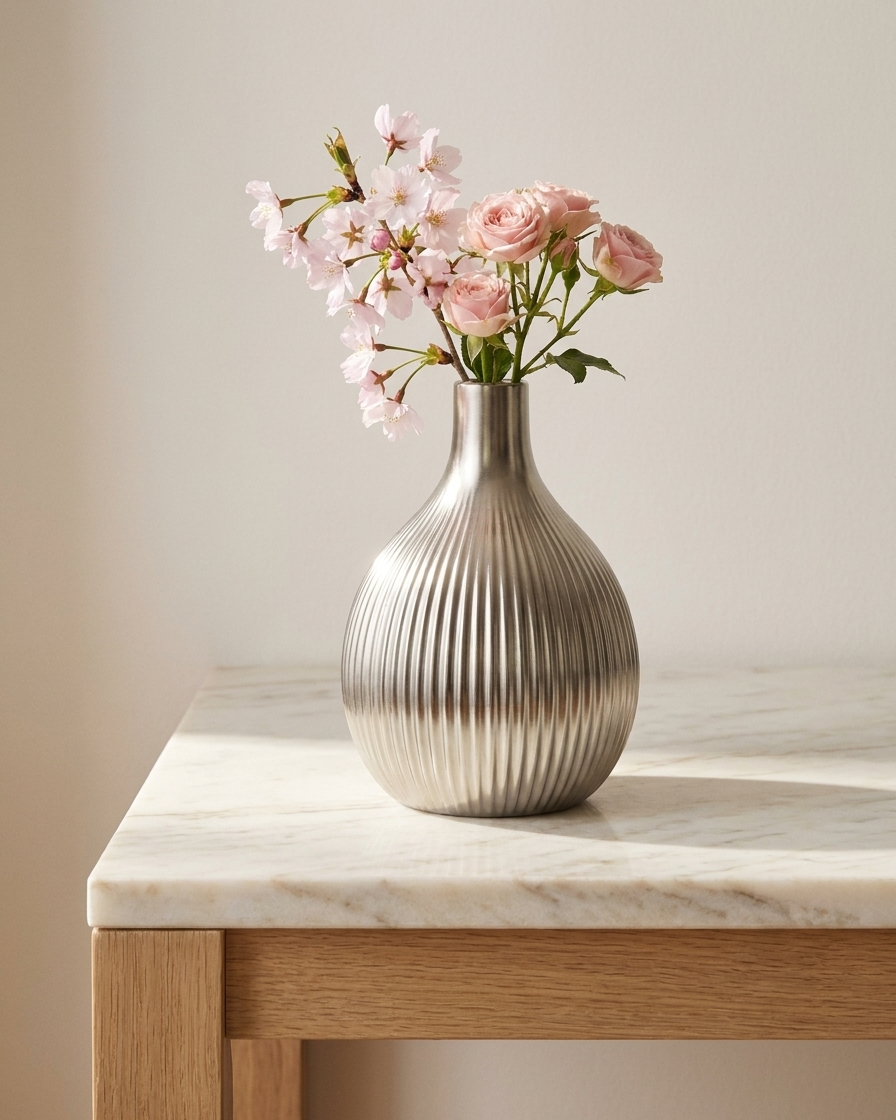 A ribbed metallic silver ceramic vase filled with pink roses and light pink blossoms, displayed on a light marble and wood side table against a warm beige wall.