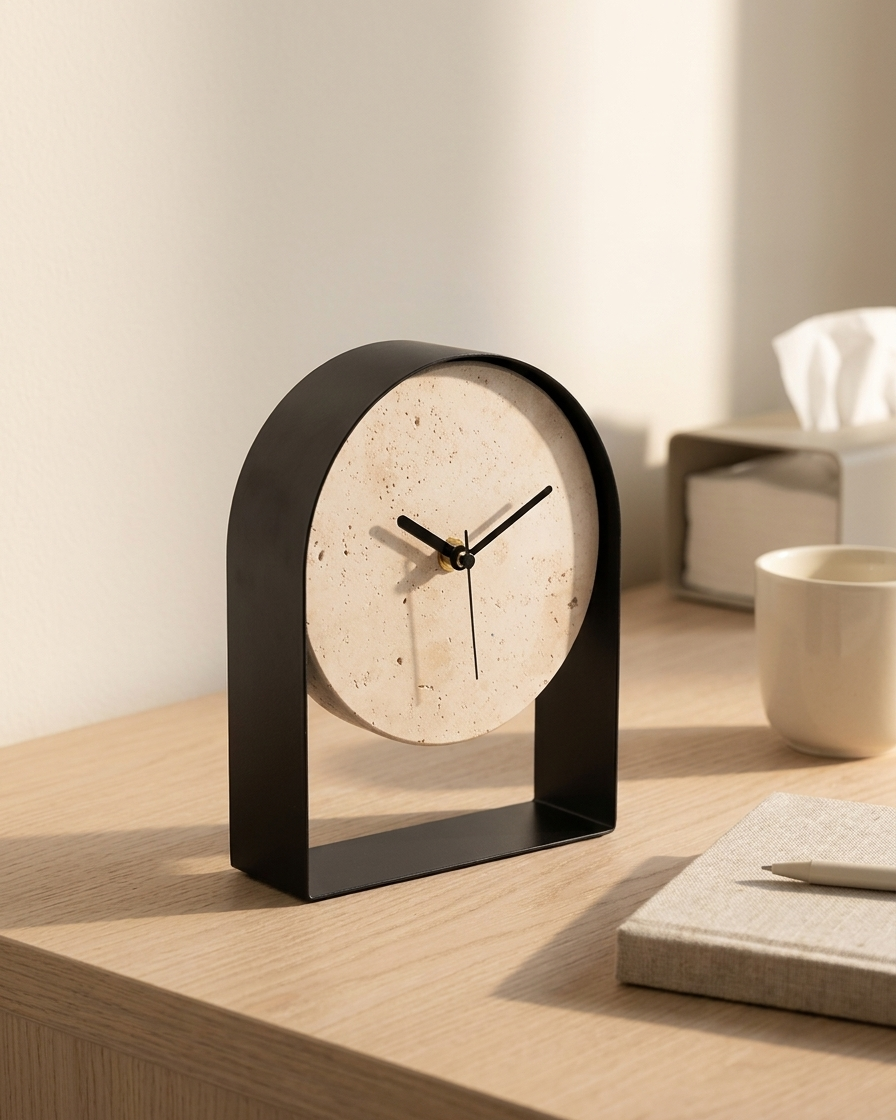 A modern arched tabletop clock with a black metal frame and a round beige stone-like dial, shown on a light wood desk beside a mug and notebook in a softly lit interior.