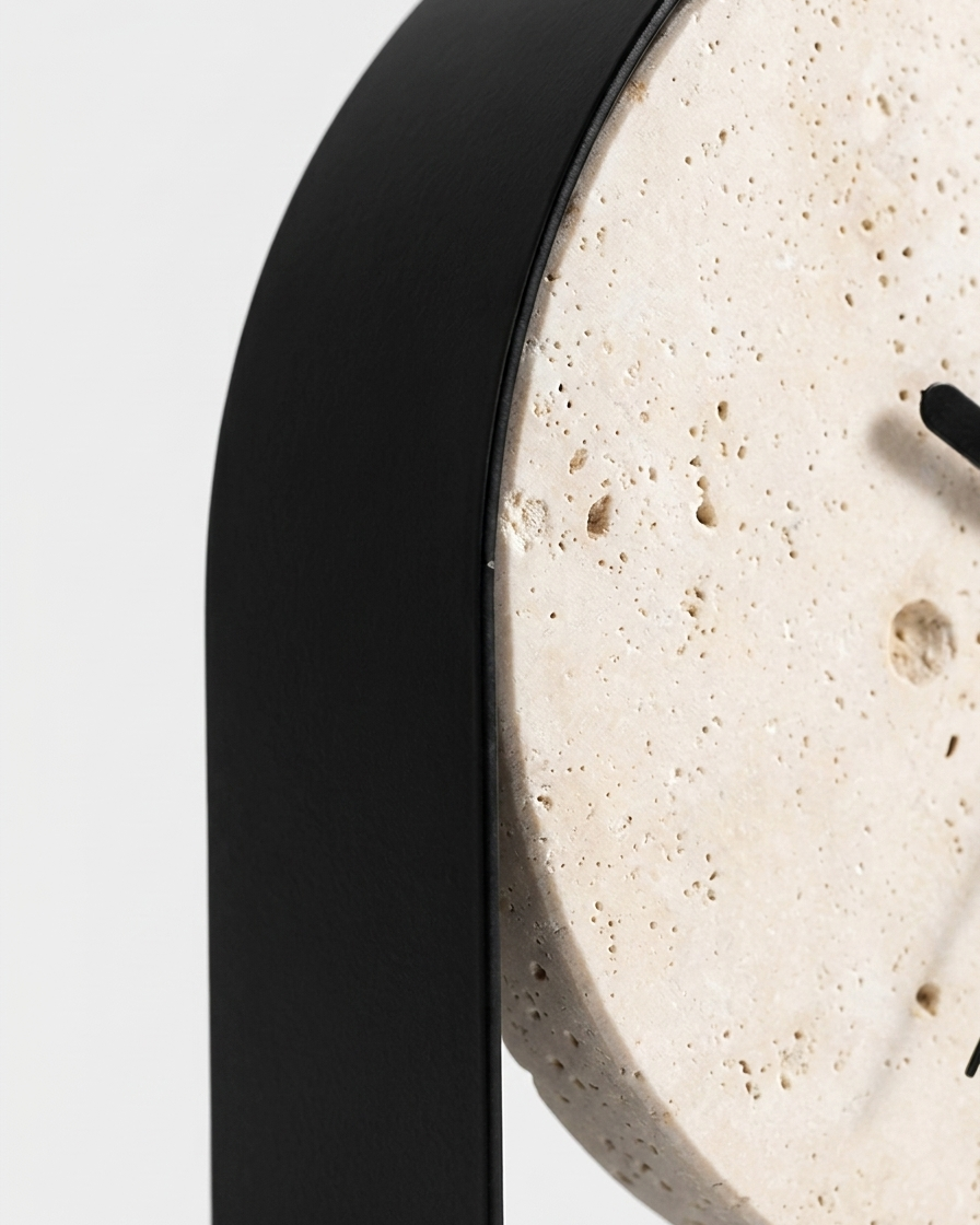 Close-up of a modern wall clock with a thick black frame and a circular natural travertine stone face on a light gray background.