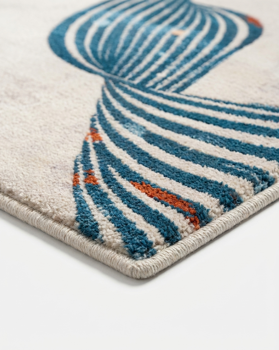 Close-up of a textured rug with wavy blue and orange pattern on a plain background