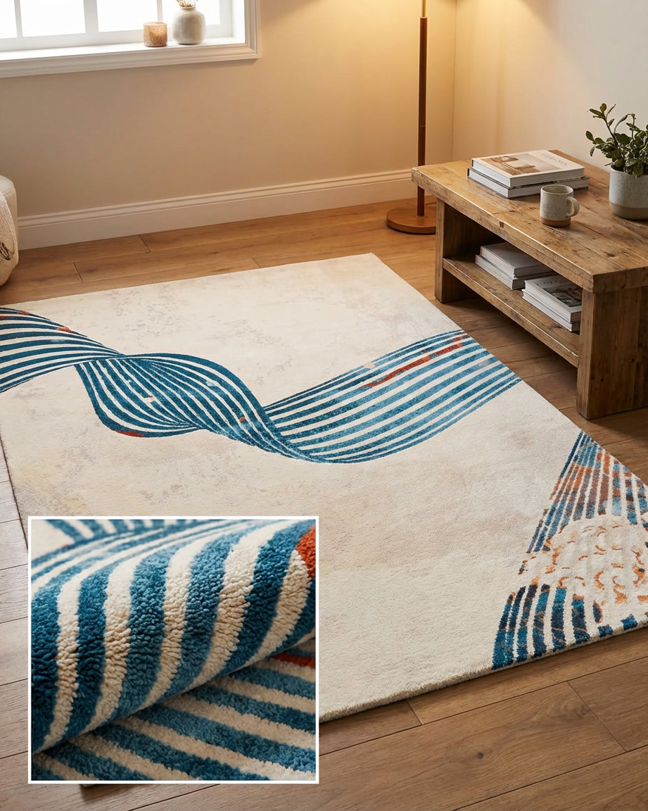 Rug with wave design in a room with wooden floor and furniture.