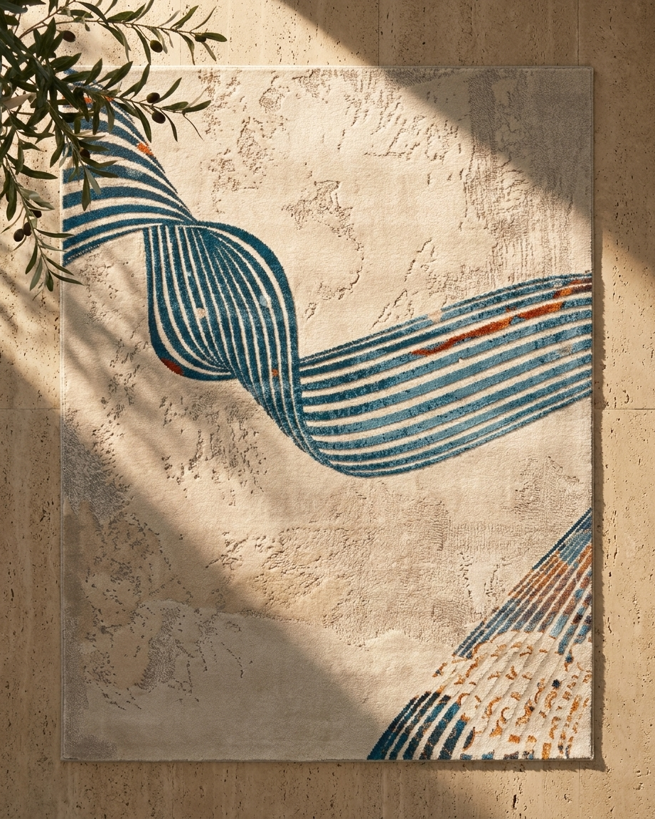 Textured wall with abstract blue and orange design