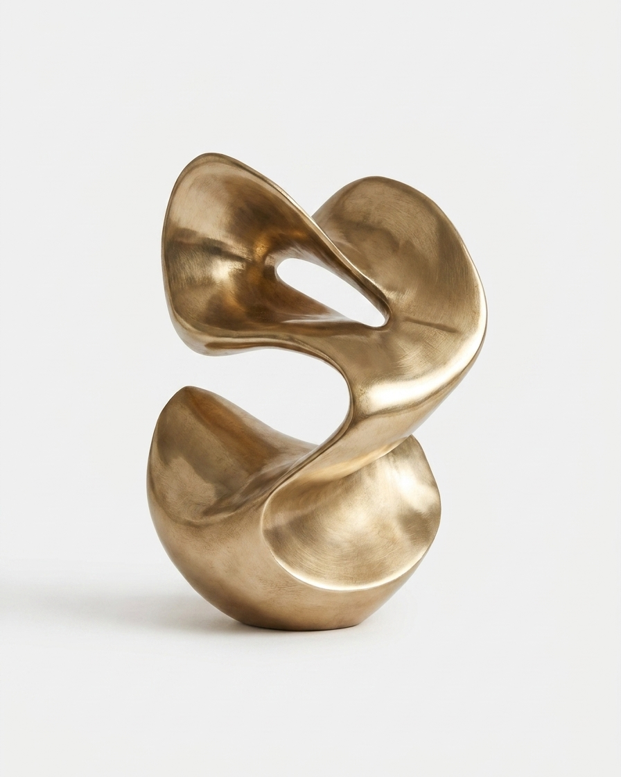 An abstract sculptural vase with a brushed metallic gold finish, photographed on a clean, light gray background.