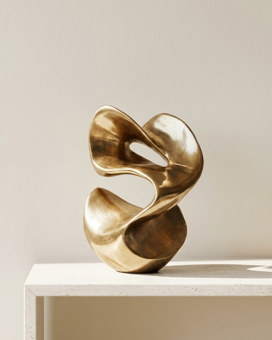 A modern abstract sculptural vase in polished gold-toned metal, displayed on a light stone shelf against a warm beige background.