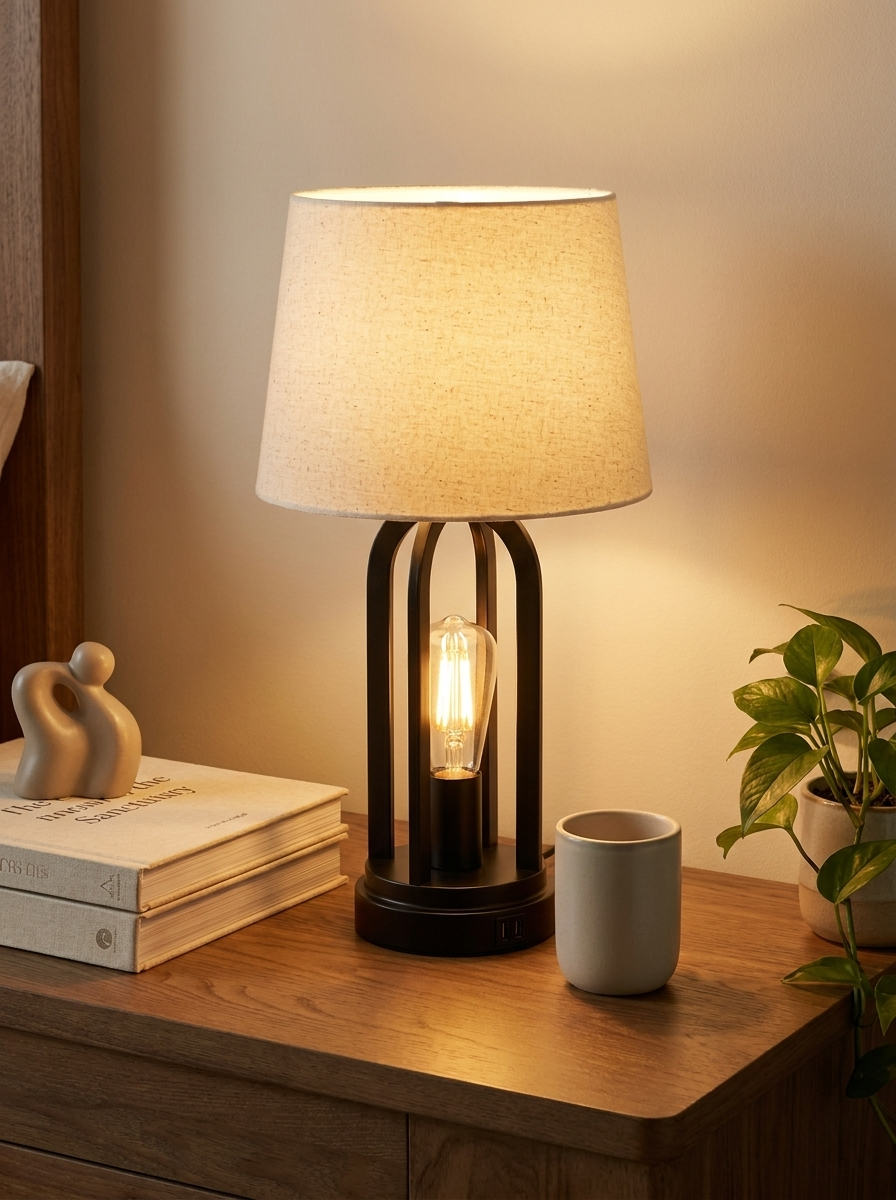 Vigil Lamp, steel frame table lamp with linen shade, front view