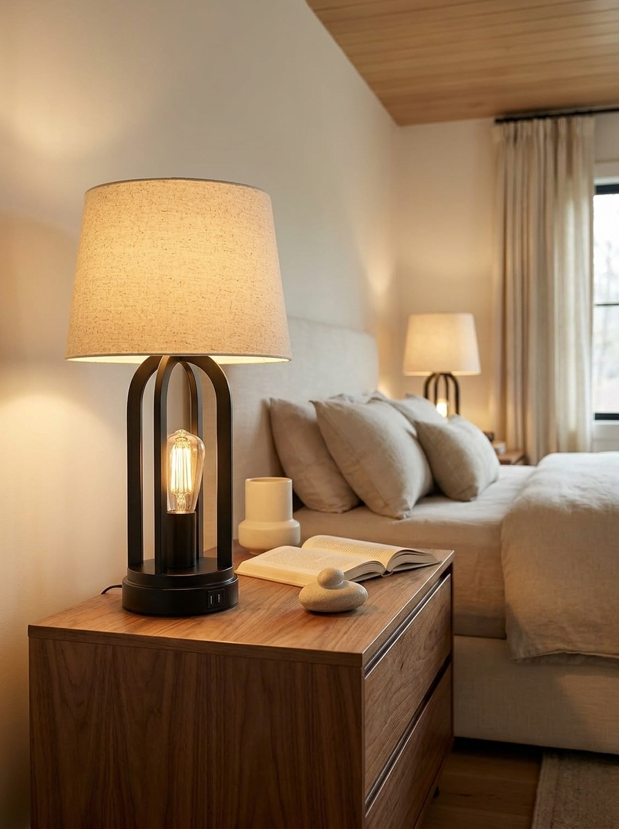 Vigil Lamp, pair of table lamps with steel frame and linen shade
