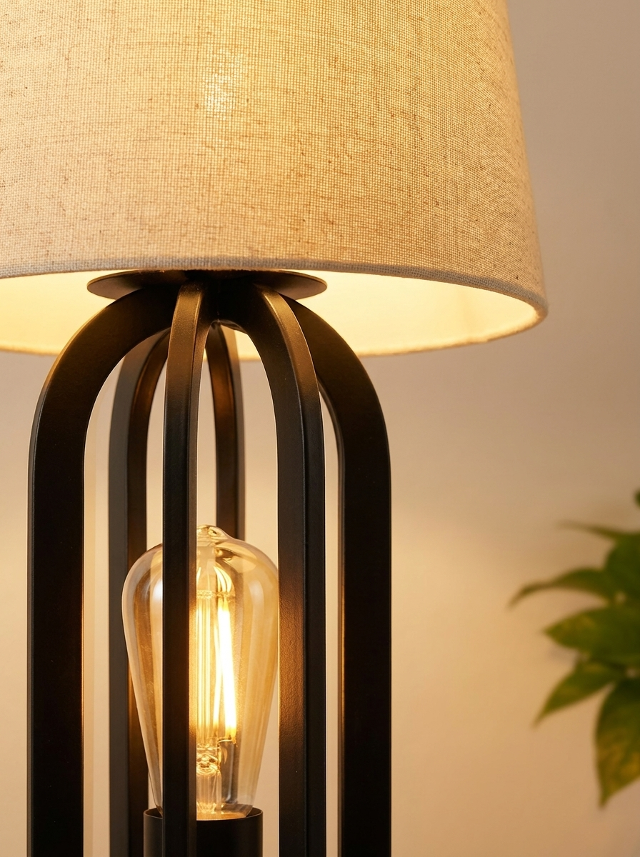 Vigil Lamp, table lamp with steel frame and linen shade, detail view