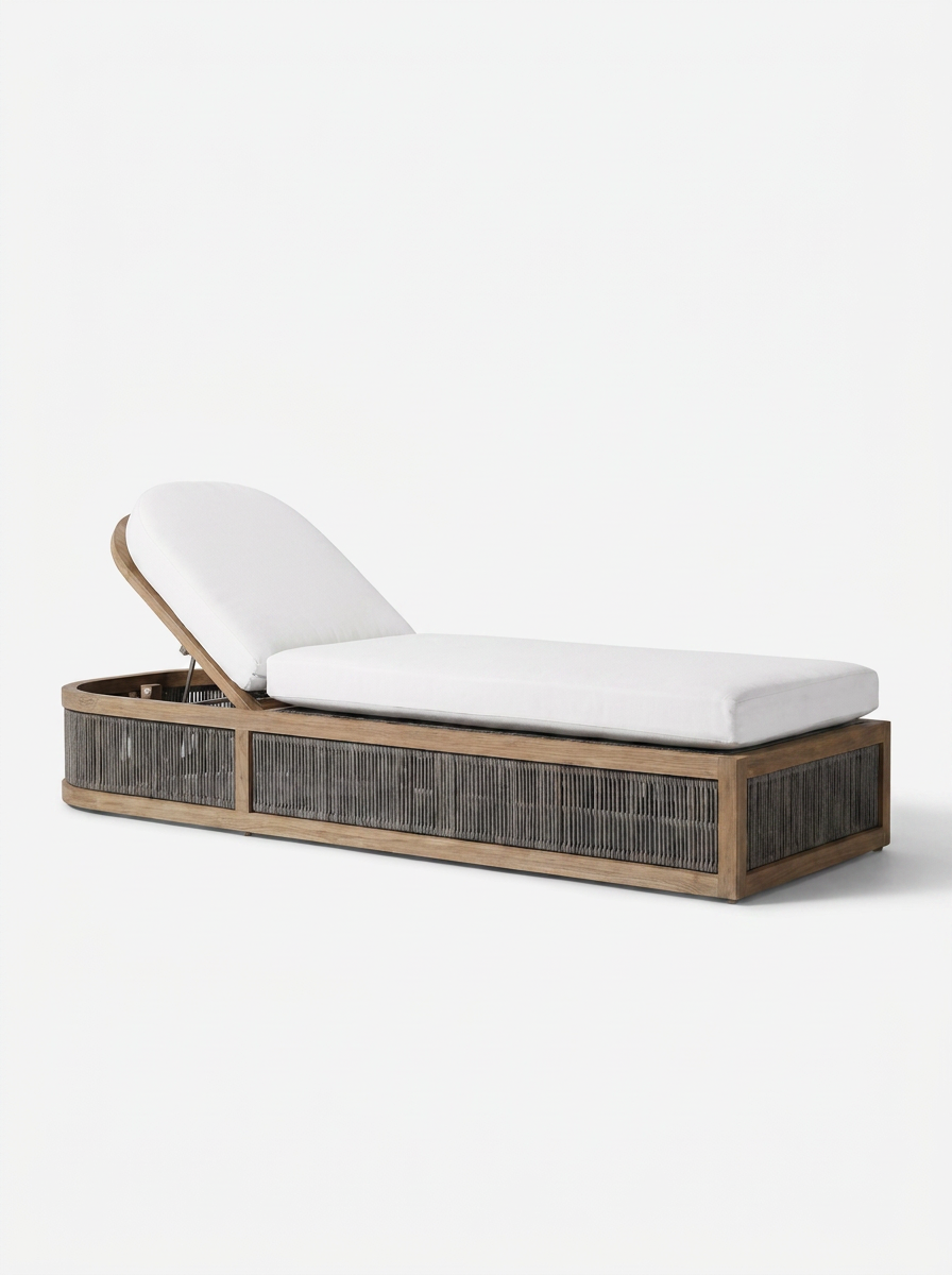 Aeris Sun Lounger, solid South American teak sun lounger with PE rattan