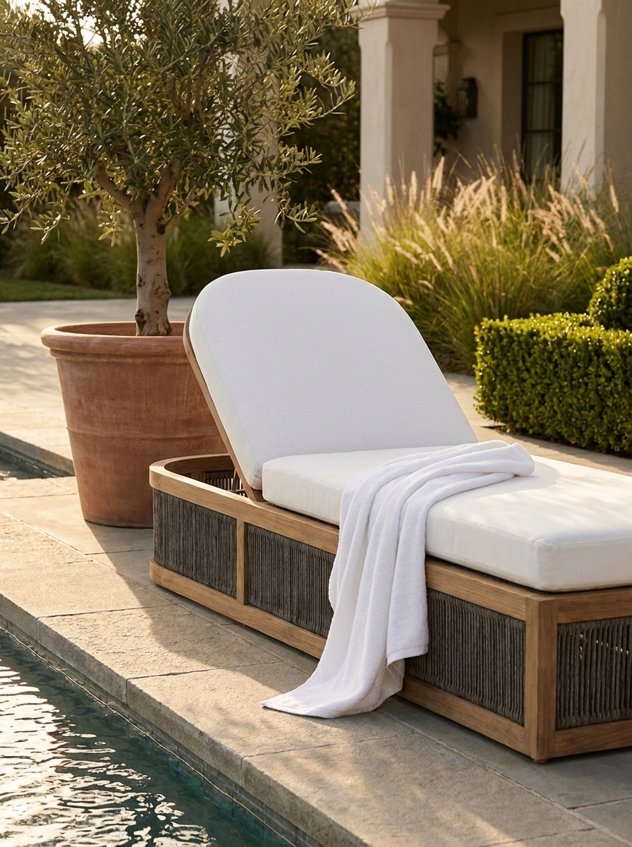 Aeris Sun Lounger, styled poolside with white cushions and towel