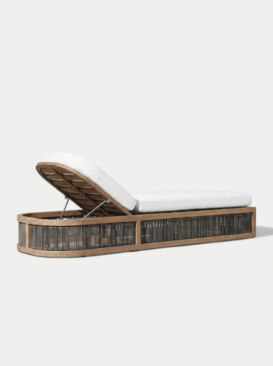 Aeris Sun Lounger, side view of wooden frame and white cushion