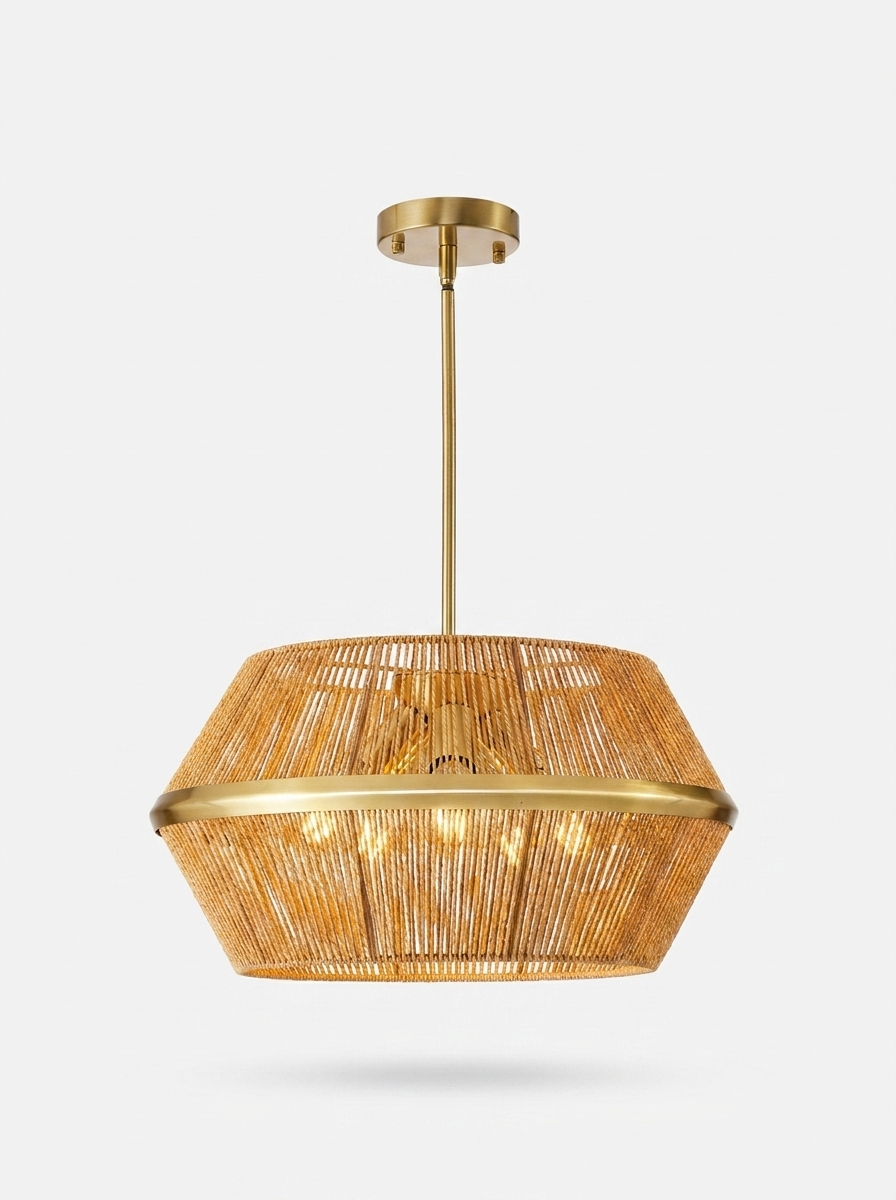 Alden Pendant Chandelier in handwoven rattan with brushed brass and crystal detail
