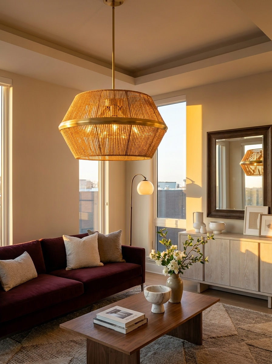Alden Pendant Chandelier, styled in a living room above maroon sofa and wooden coffee table