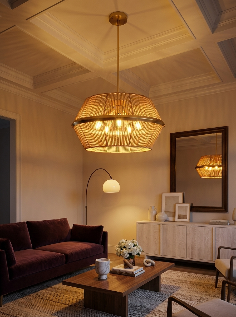 Alden Pendant Chandelier, styled above a dark brown sofa and wooden coffee table