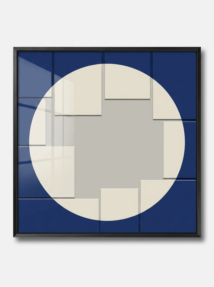 Arkitektur Wall Art, architectural geometric artwork in cream and deep navy with brushed black titanium frame