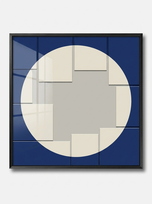 Arkitektur Wall Art, architectural geometric artwork in cream and deep navy with brushed black titanium frame