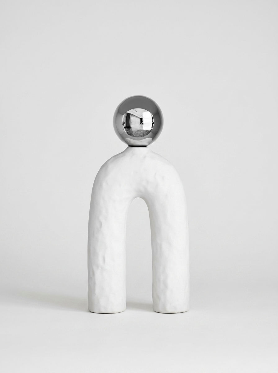 Arko Ceramic Sculpture, matte ceramic sculpture with a polished chrome-finish sphere