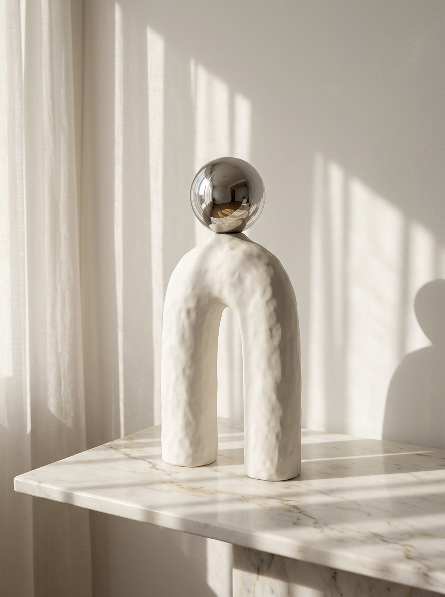 Arko Ceramic Sculpture, ceramic sculpture with chrome-finish sphere, alternate angle