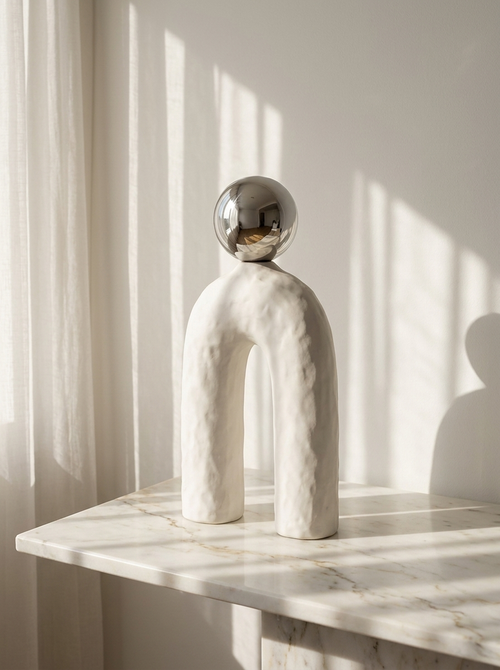 Arko Ceramic Sculpture, ceramic sculpture with chrome-finish sphere, alternate angle