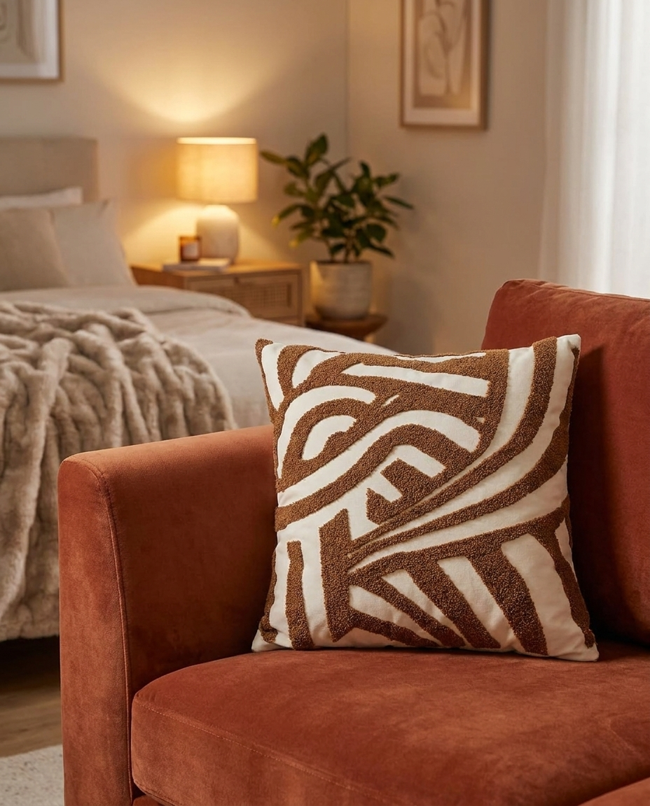 ARLO Knit Pillow in Oatmeal, styled on a bed in a bedroom setting