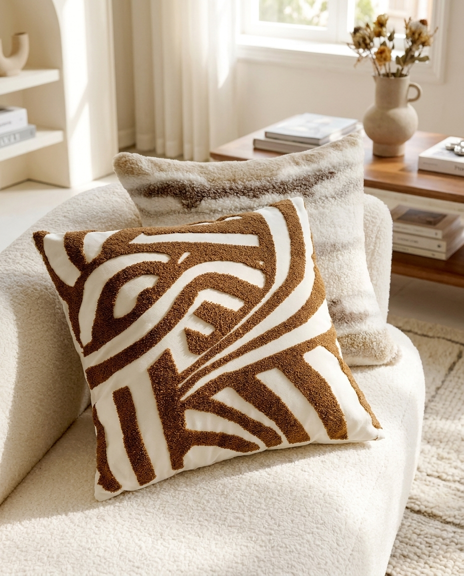 ARLO Knit Pillow in Oatmeal, styled on a beige sofa in a living room