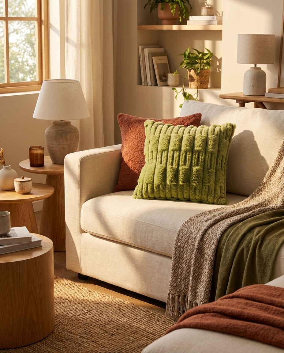 Arlo Ribbed Fur Pillow in Moss Green, styled on a beige sofa in a living room