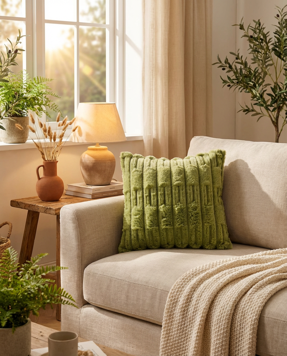 Arlo Ribbed Fur Pillow in Moss Green, styled on a beige sofa with wooden side table