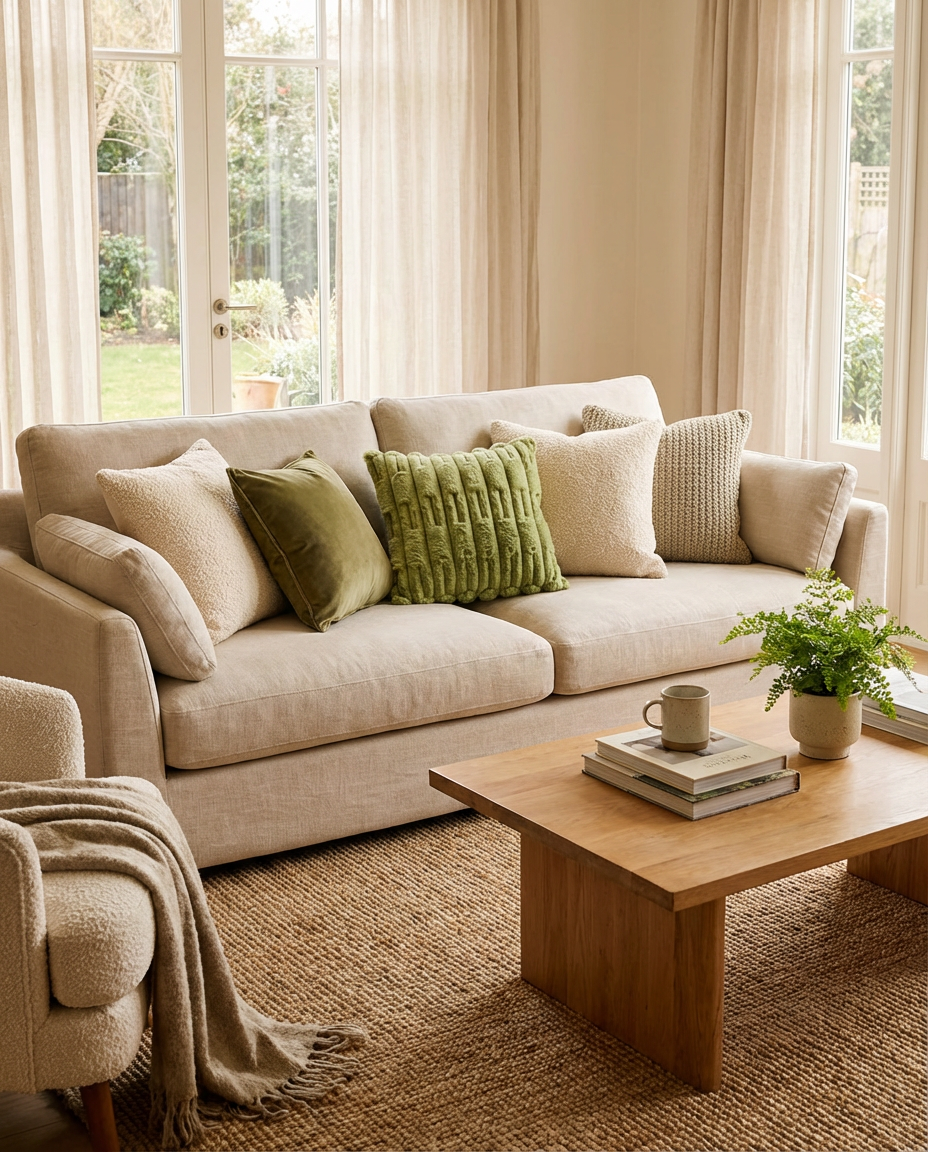 Arlo Ribbed Fur Pillow in Moss Green, styled with decorative pillows on beige sofa