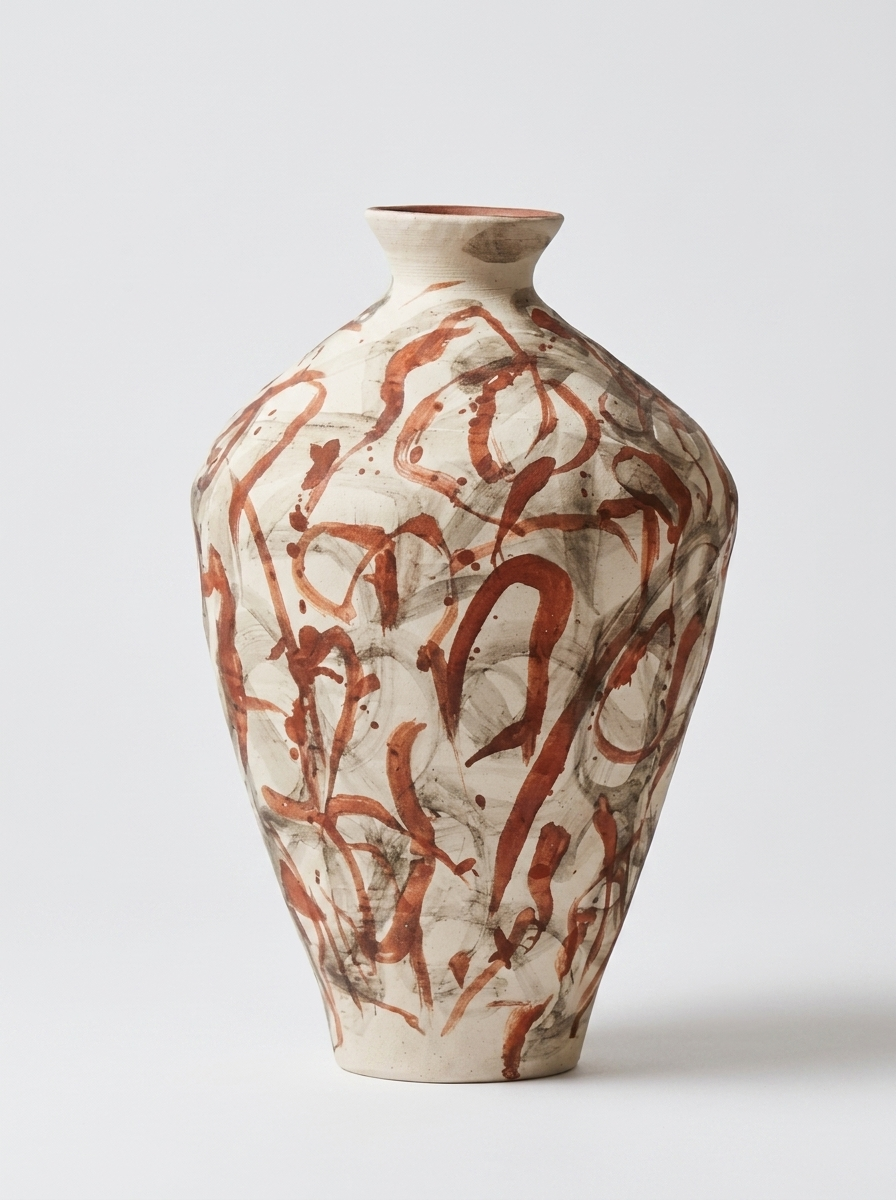Avka Stoneware Vase, stoneware vase with hand-painted iron-oxide brushwork