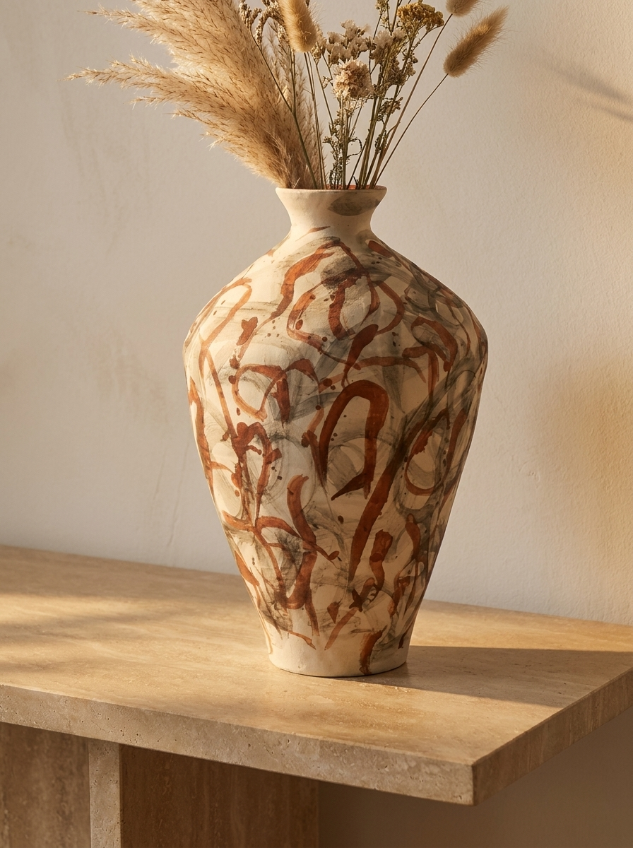Avka Stoneware Vase, close-up of hand-painted iron-oxide brushwork on stoneware