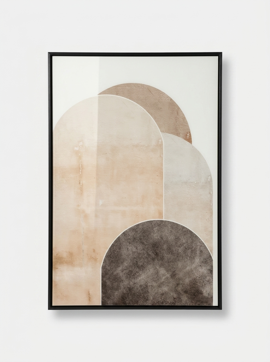 Bage Wall Art, layered architectural arch artwork in warm cream and taupe with black titanium frame