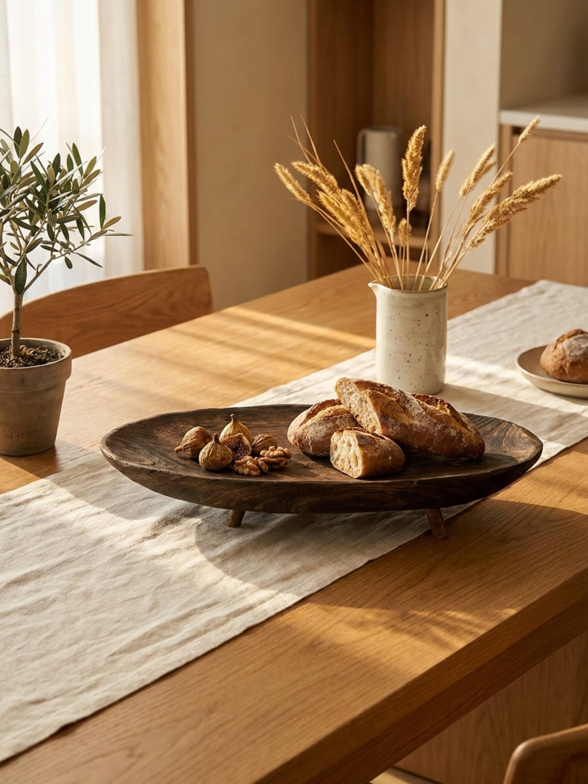 Batl wooden tray, detail view of paulownia wood grain and curved rim