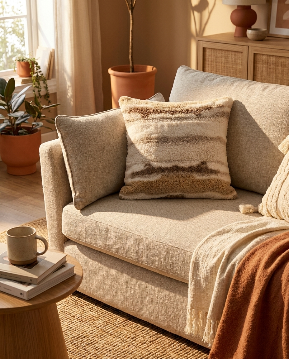 BODHI Knit Pillow in Ivory Bouclé, styled on a beige sofa in a living room