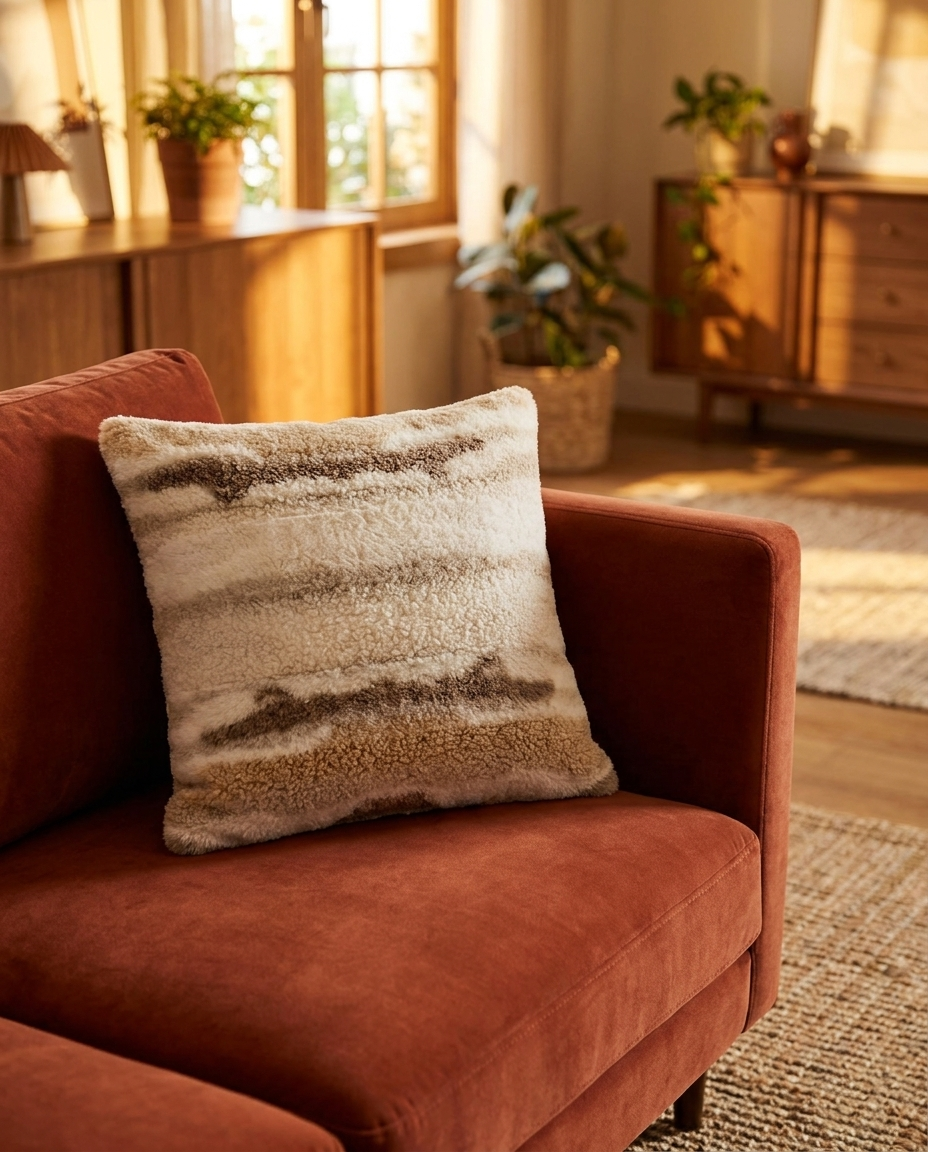 BODHI Knit Pillow in Ivory Bouclé, styled on a brown sofa in a living room