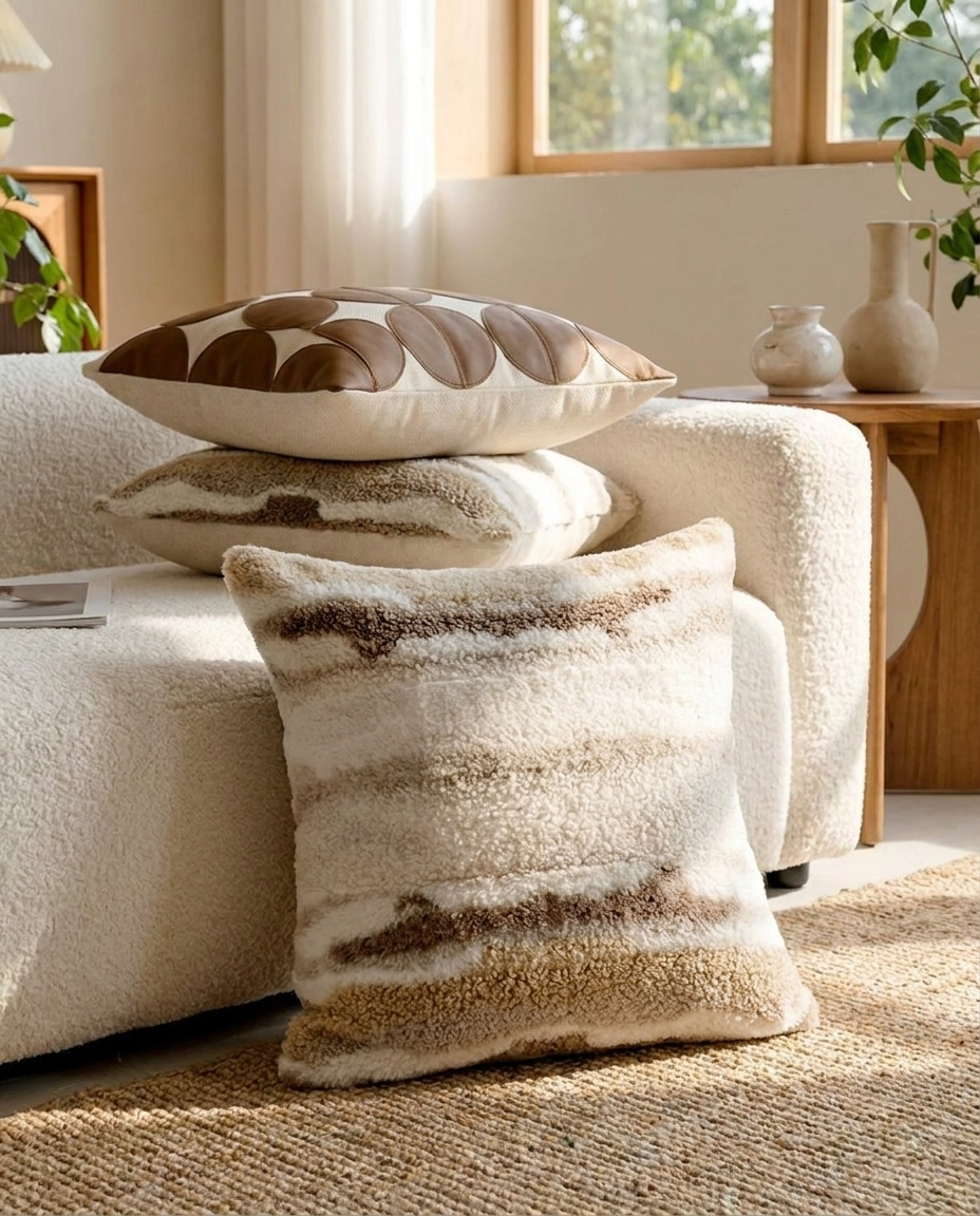BODHI Knit Pillow in Ivory Bouclé, styled with decorative pillows in a neutral palette